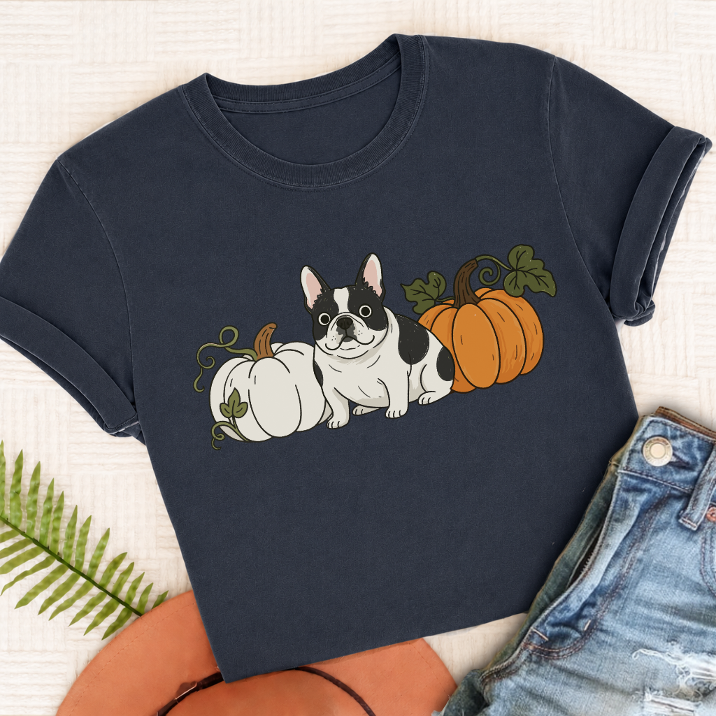 Custom French Bulldog Funny Pumpkin Fall Unisex Tshirt True Navy