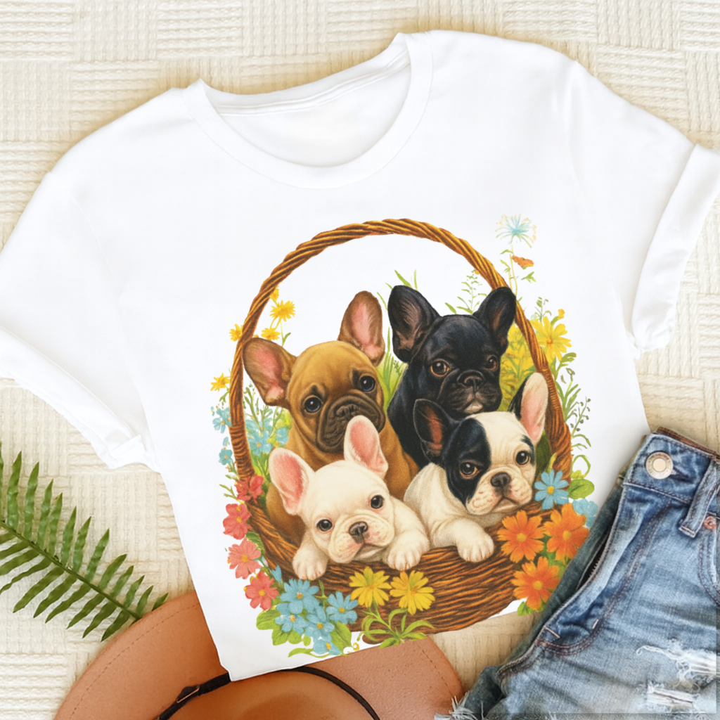 French Bulldog Retro Puppy Basket Unisex TShirt White
