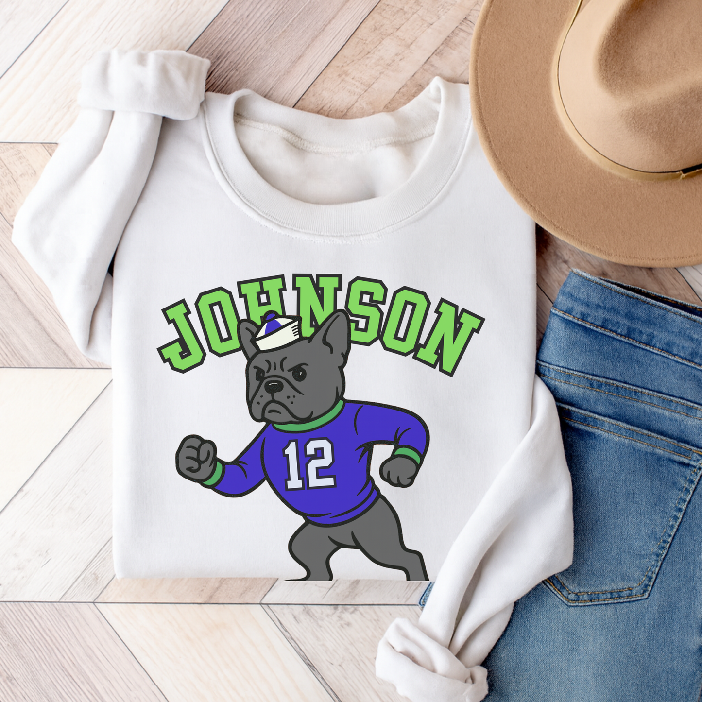 Black Frenchie College Mascot Sweatshirt White