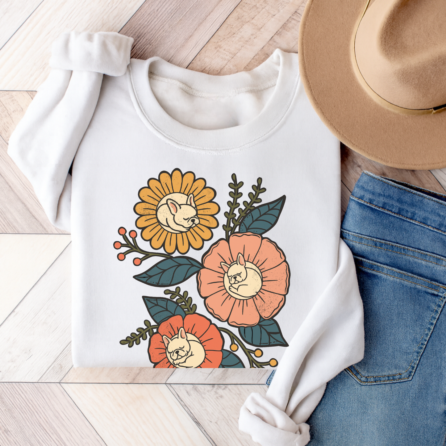 White Frenchie Sleeping Flowers Sweatshirt White