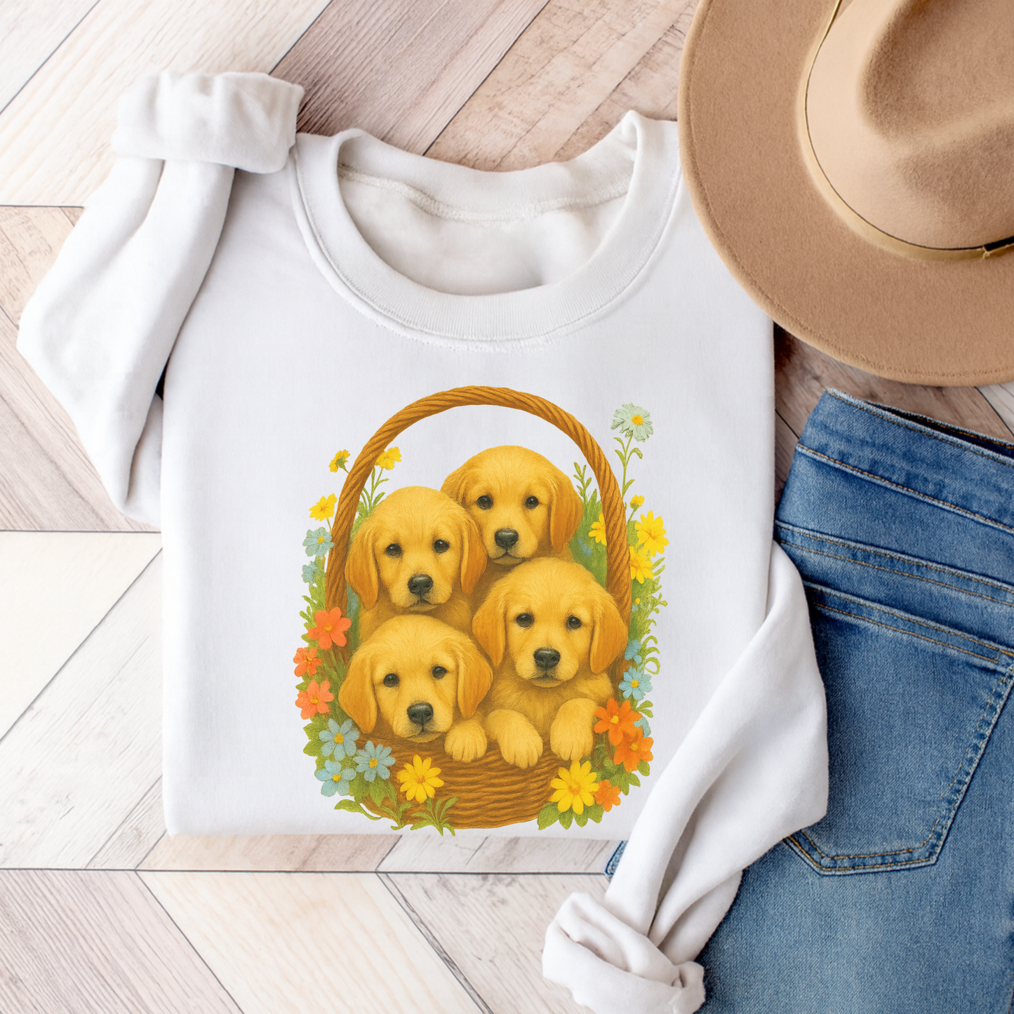 Puppy Basket Golden Retriever Sweatshirt White