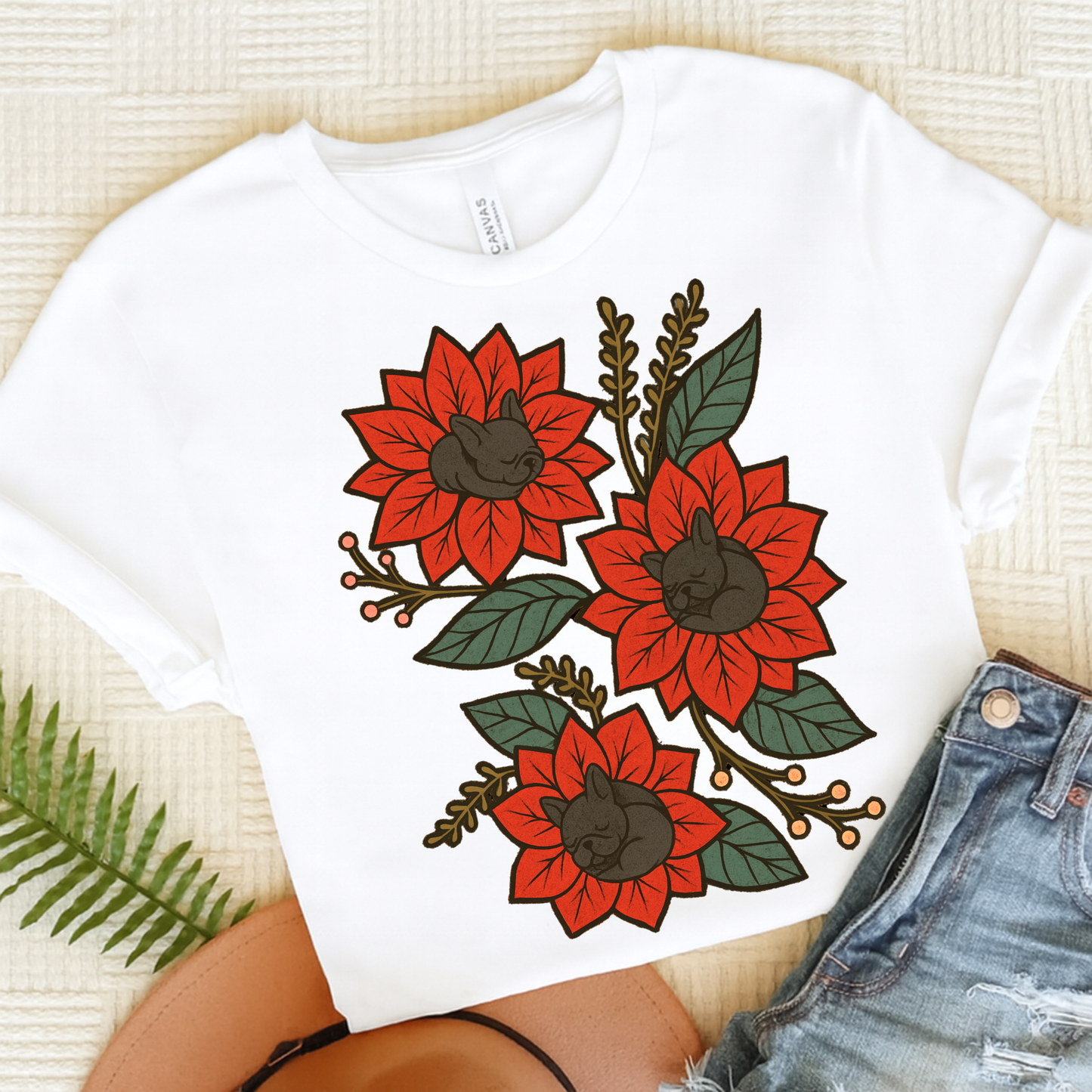 Black Frenchie Holiday Flowers Sleeping TShirt White