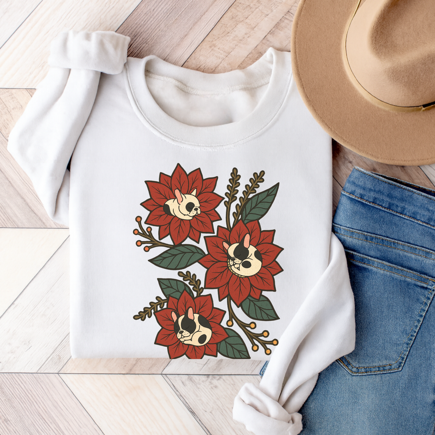 Piebald Frenchie Christmas Flower Sweatshirt White