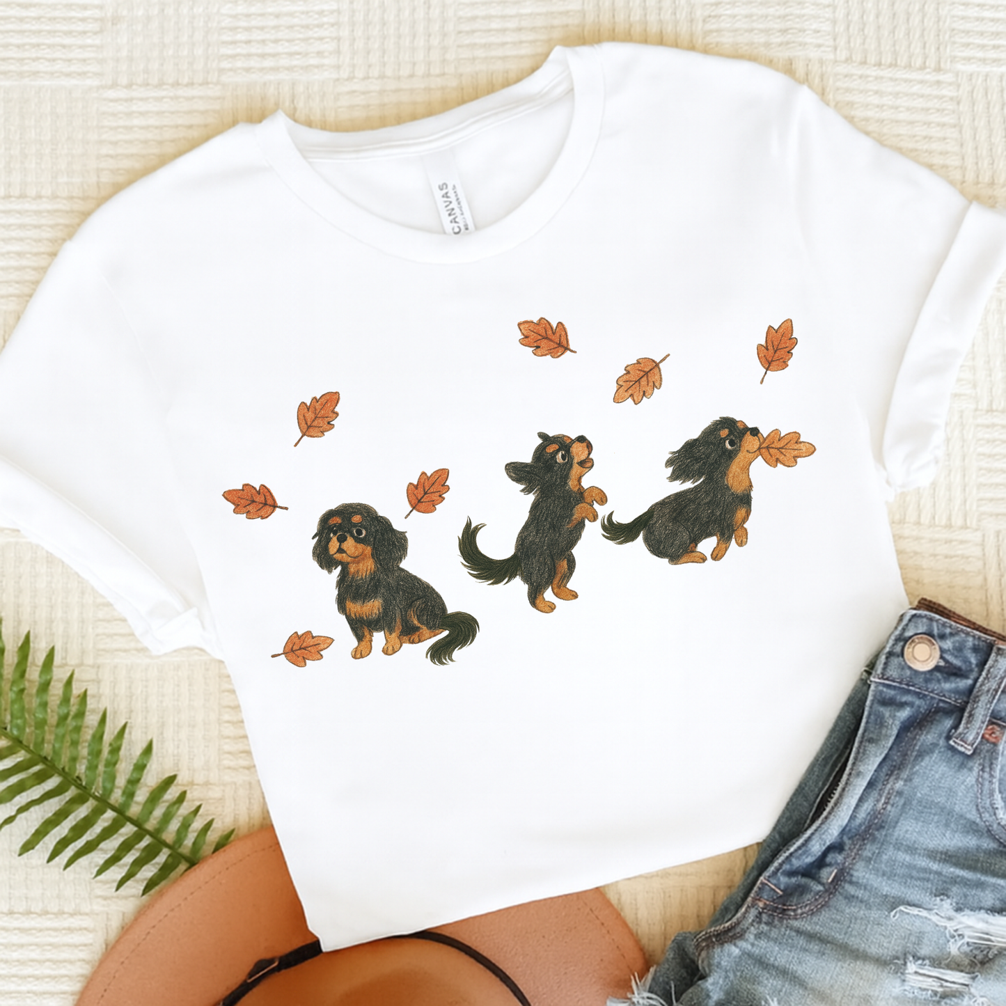 Black Tan Cavalier Chasing Leaves TShirt White