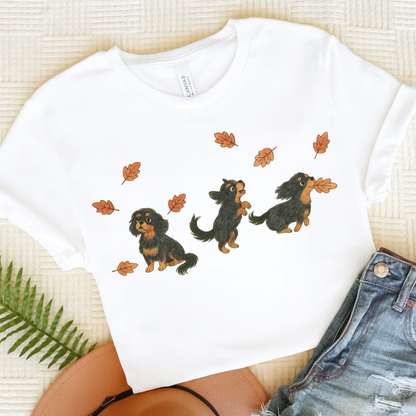 Black Tan Cavalier Chasing Leaves TShirt White