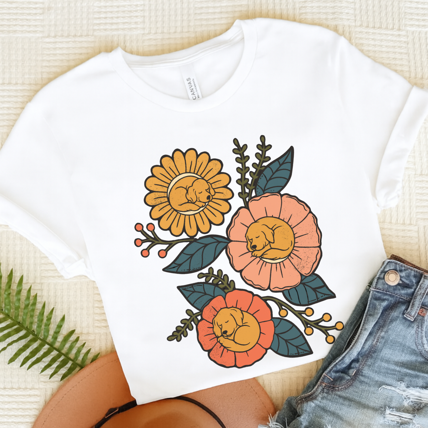 Golden Retriever Sleeping Flowers TShirt White