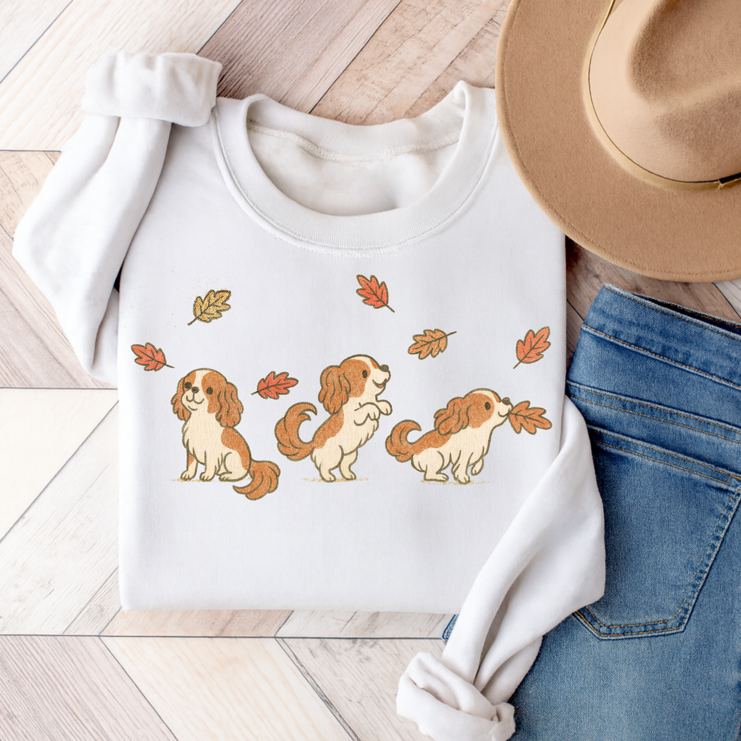 Blenheim Cavalier Chasing Leaves Sweatshirt White