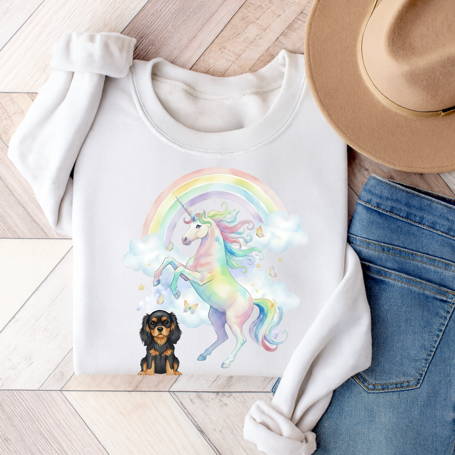 Black Tan Cavalier Watercolor Unicorn Sweatshirt White