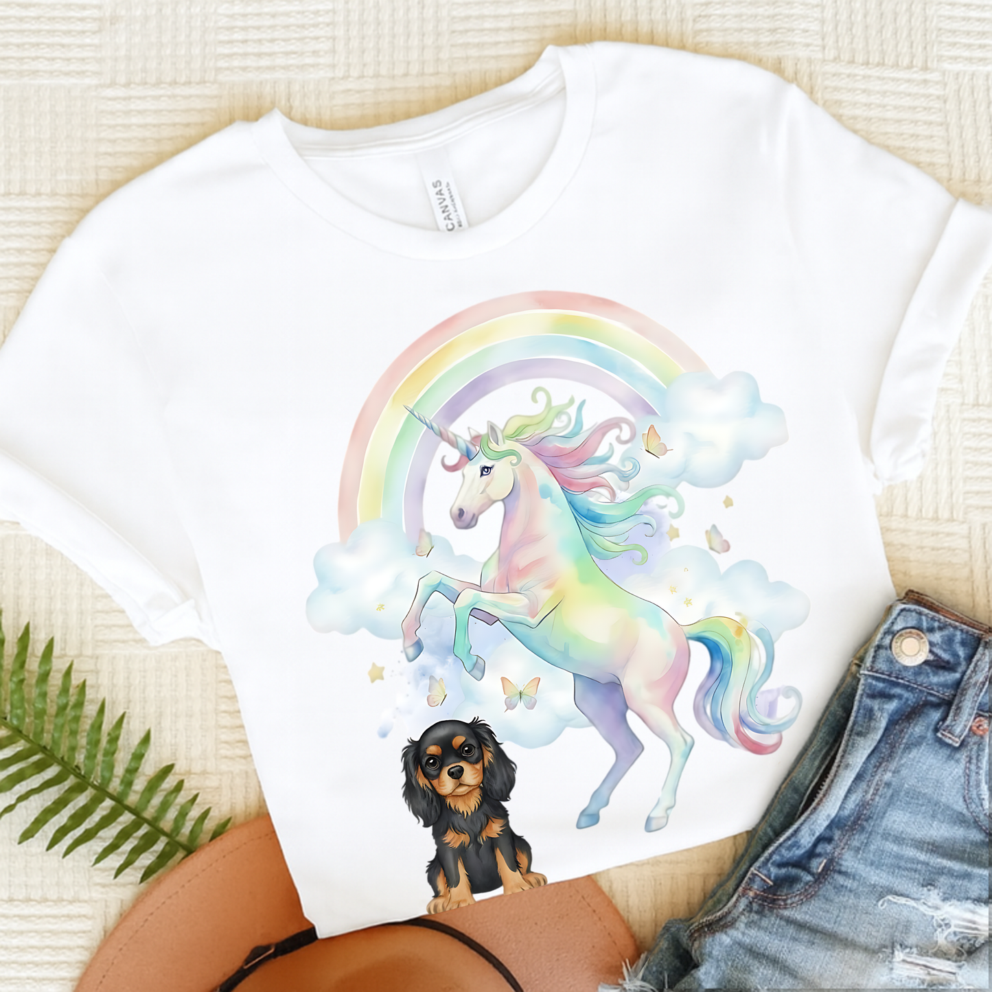 Black Tan Cavalier Watercolor Unicorn Tshirt White