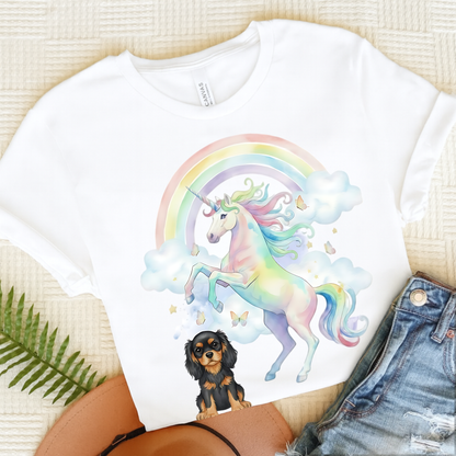 Black Tan Cavalier Watercolor Unicorn Tshirt White