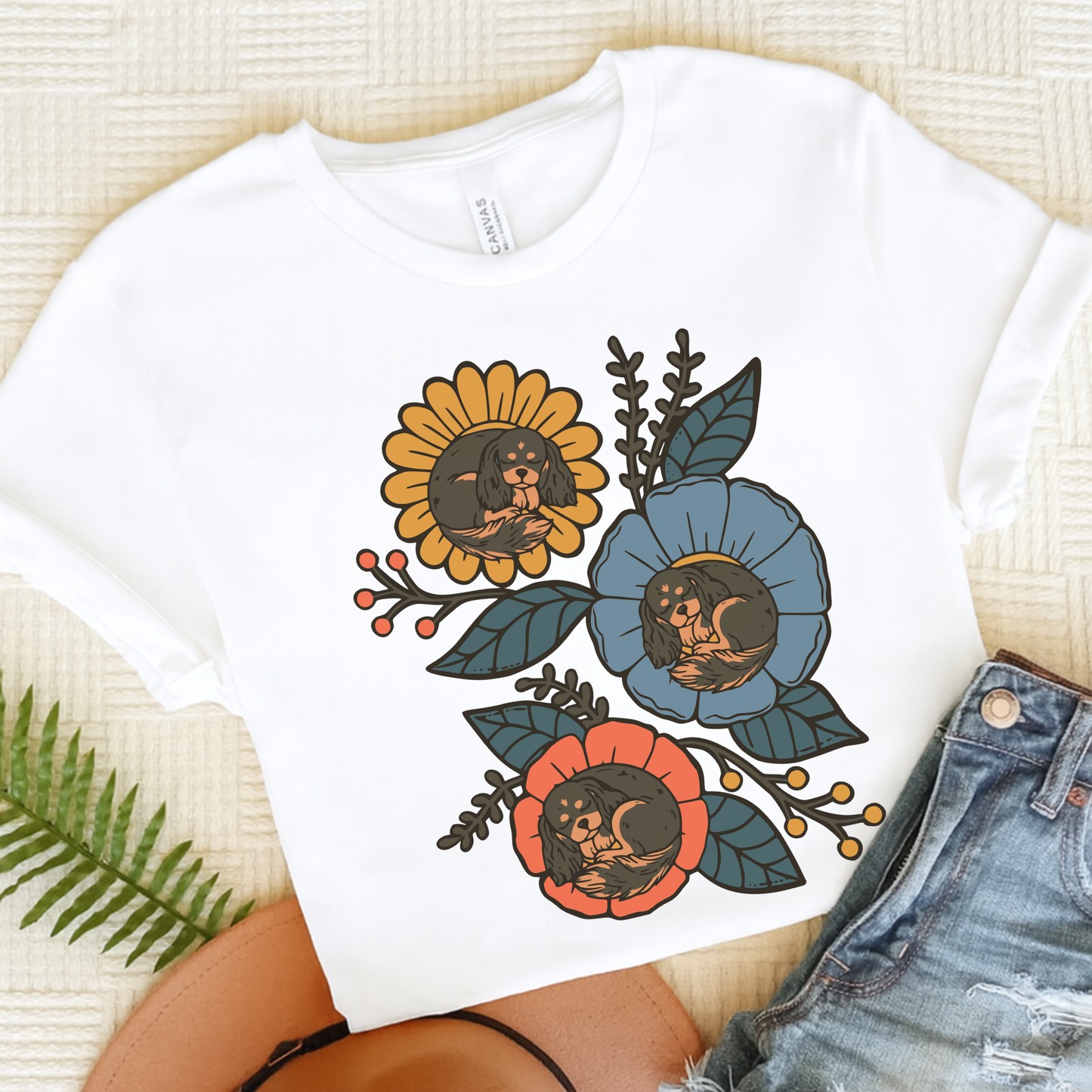 Black Tan Cavalier Sleeping Flowers TShirt White