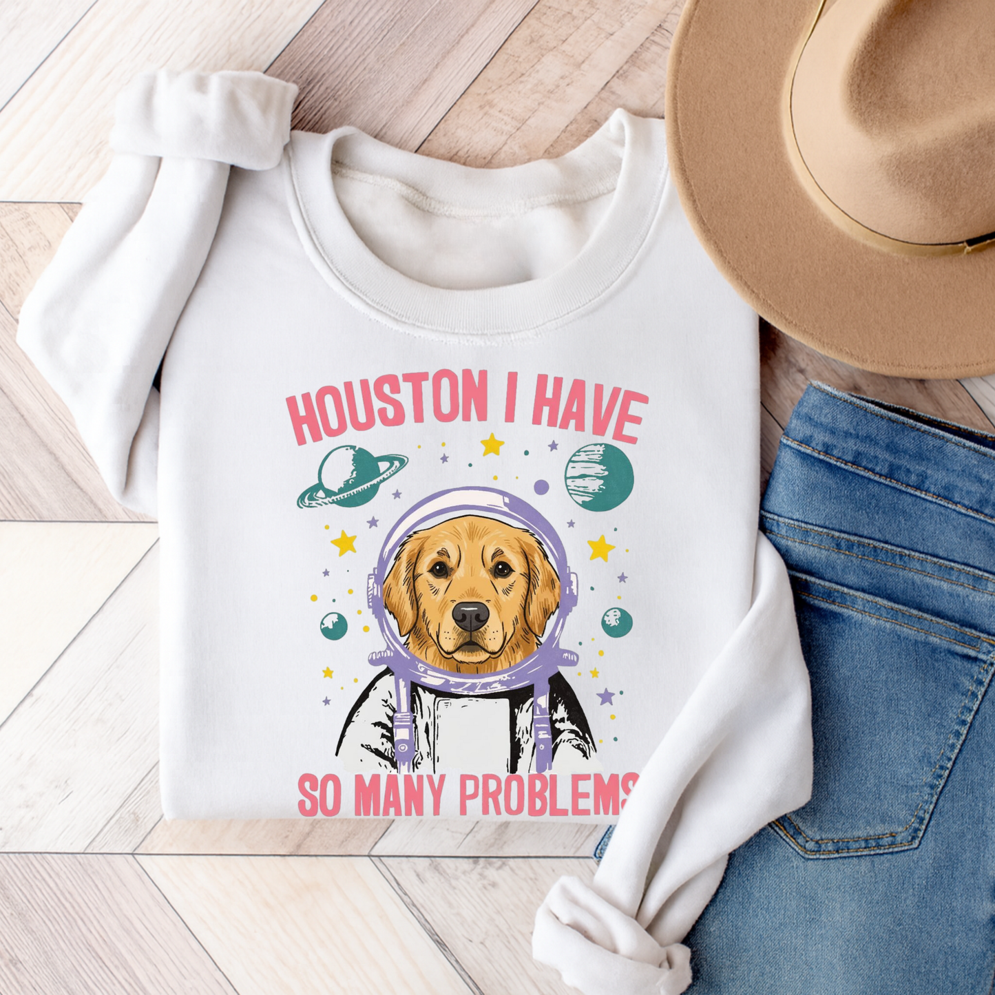 Golden Retriever Houston Space Sweatshirt White