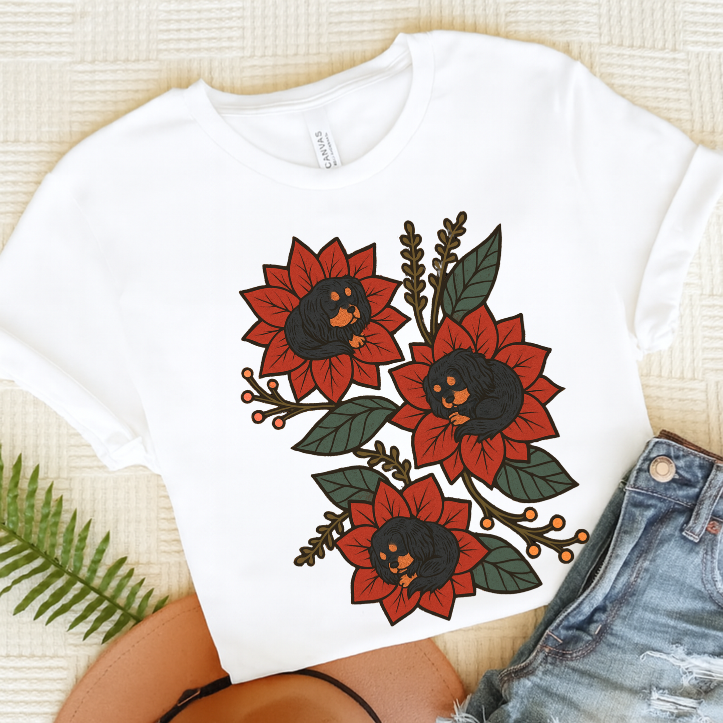 Black Tan Cavalier Holiday Flowers Sleeping TShirt White
