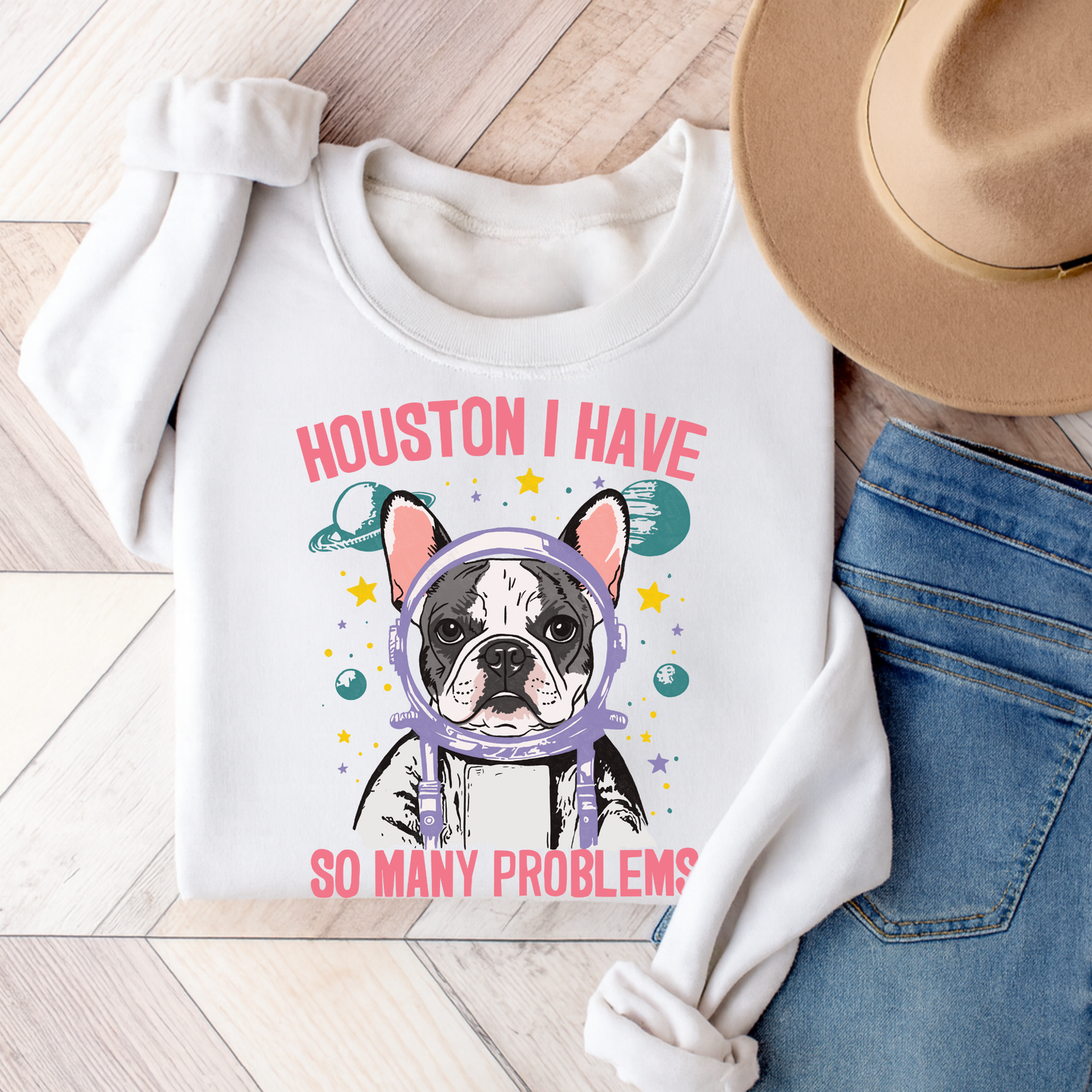 Piebald Frenchie Houston Space Sweatshirt White
