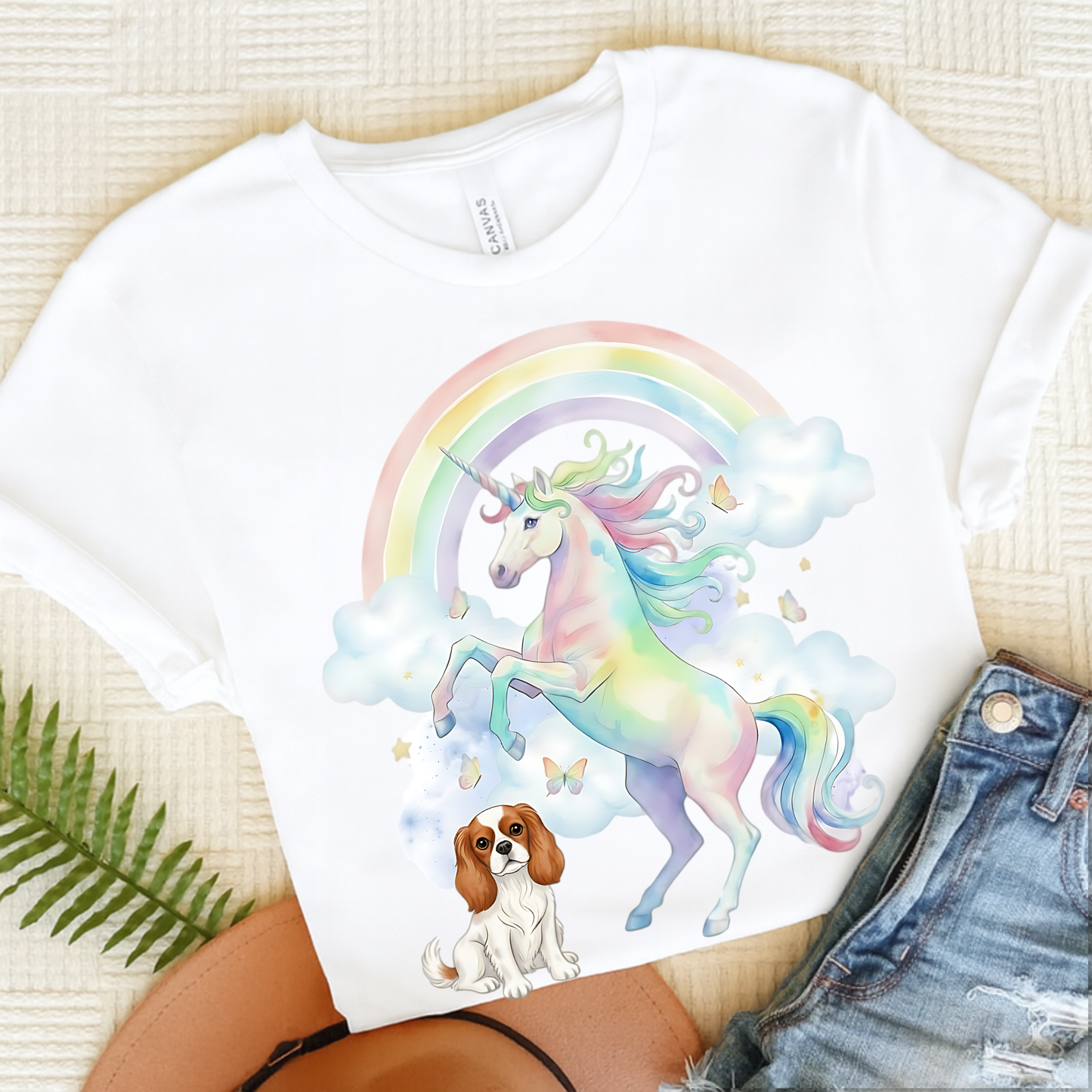 Blenheim Cavalier Watercolor Unicorn Tshirt White