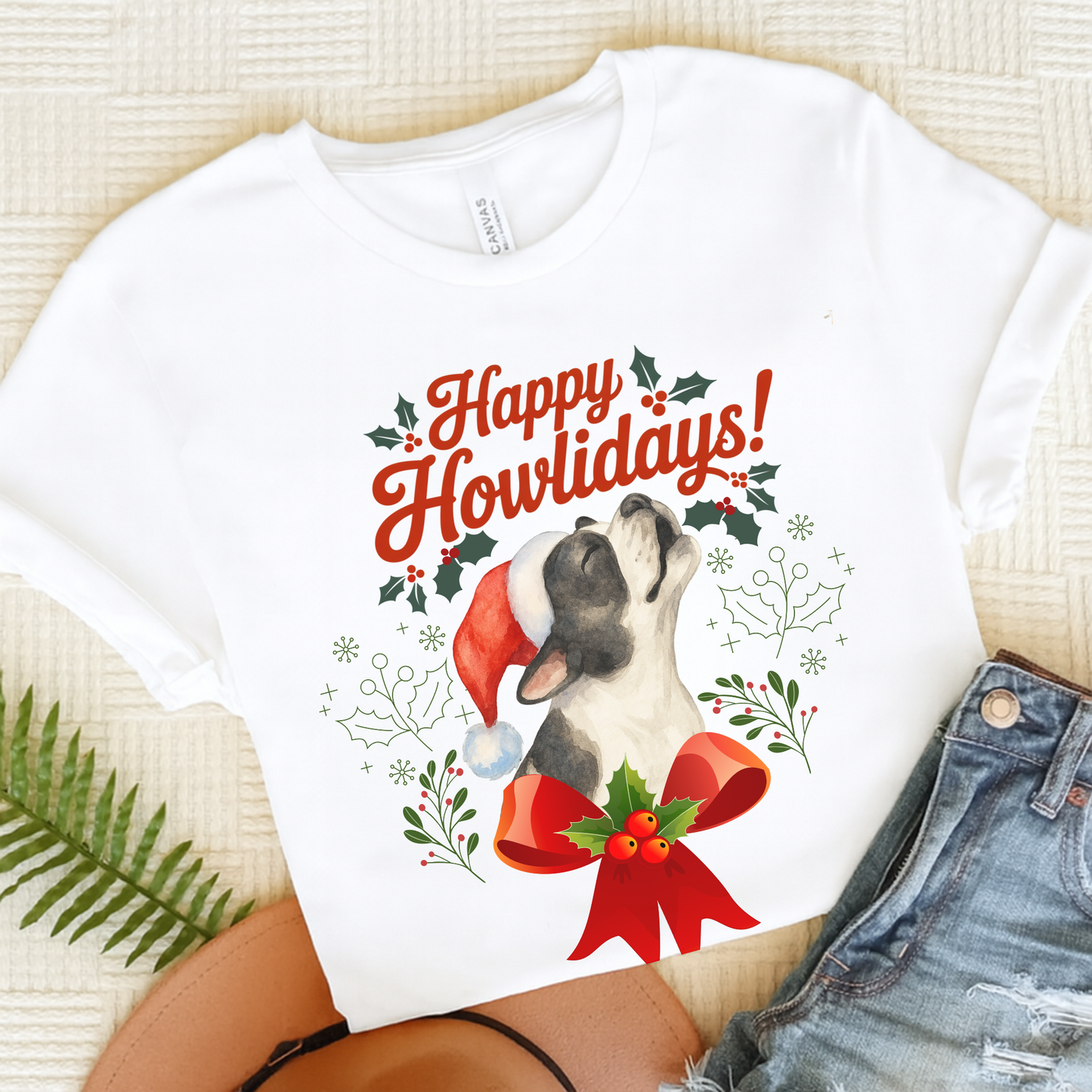 Piebald French Bulldog Happy Howlidays TShirt