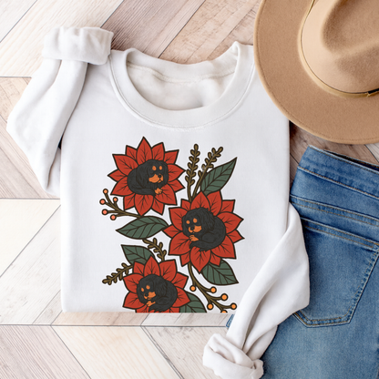 Black Tan Cavalier Christmas Flower Sweatshirt White