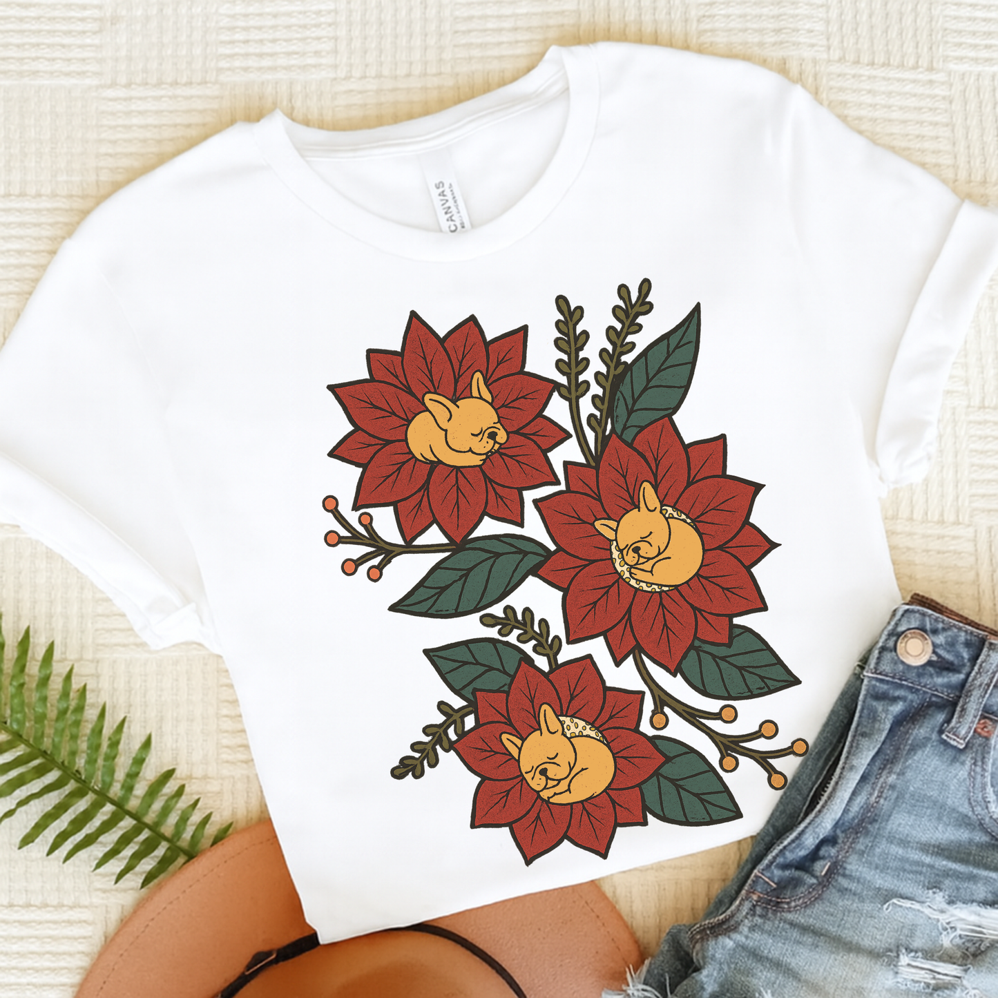 Fawn Frenchie Holiday Flowers Sleeping TShirt White