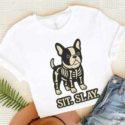 Piebald French Bulldog Stay. Slay. Halloween TShirt