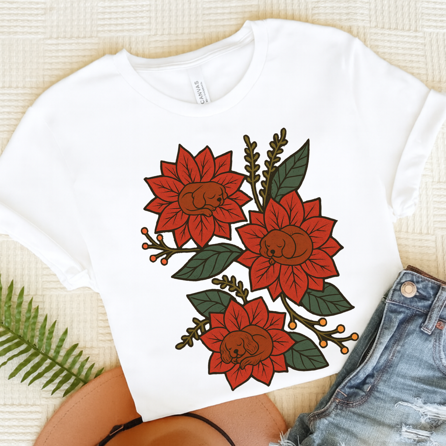 Ruby Cavalier Holiday Flowers Sleeping TShirt White