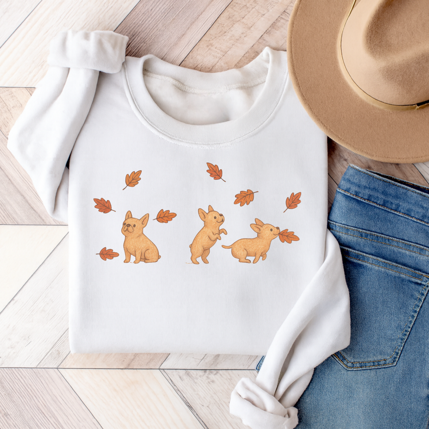 Fawn Frenchie Chasing Leaves Sweatshirt White