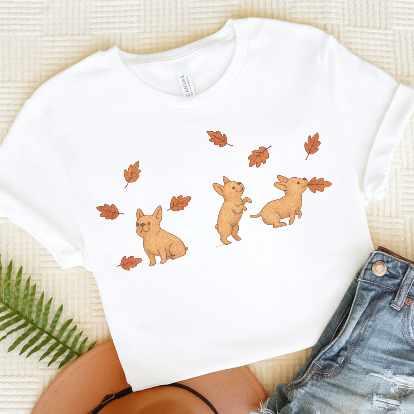 Fawn Frenchie Chasing Leaves TShirt White