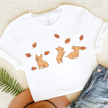 Fawn Frenchie Chasing Leaves TShirt White