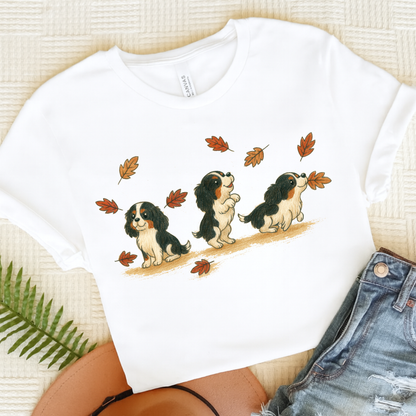 Tricolor Cavalier Chasing Leaves TShirt White