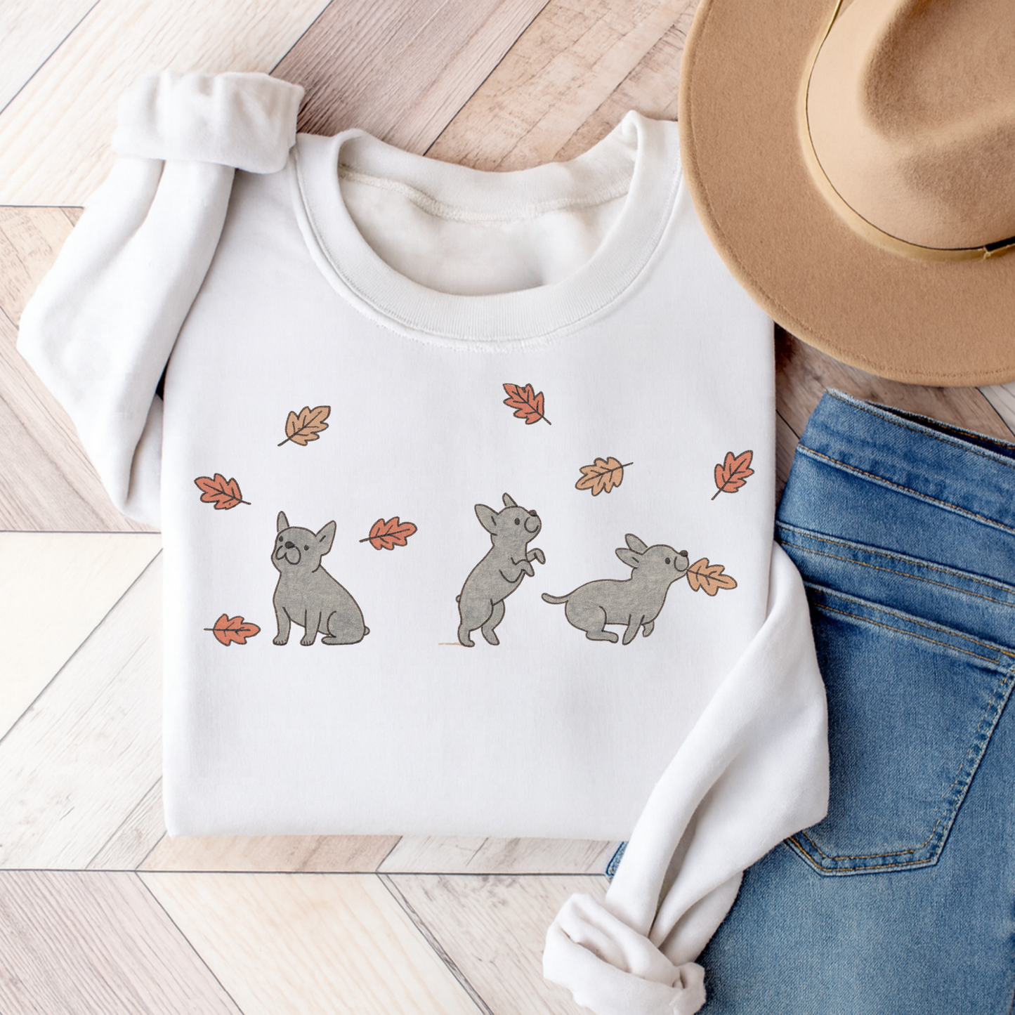 Black French Bulldog Chasing Leaves Sweatshirt White