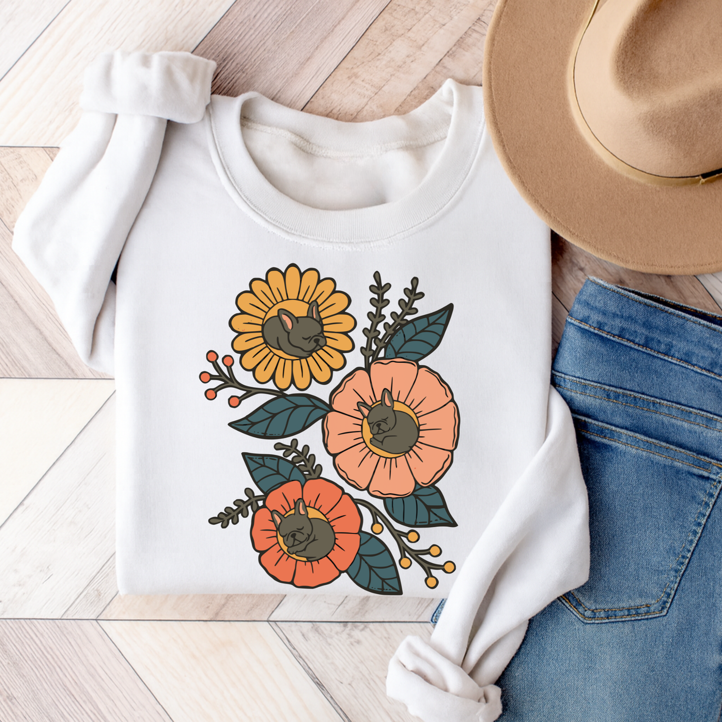 Black Frenchie Sleeping Flowers Sweatshirt White