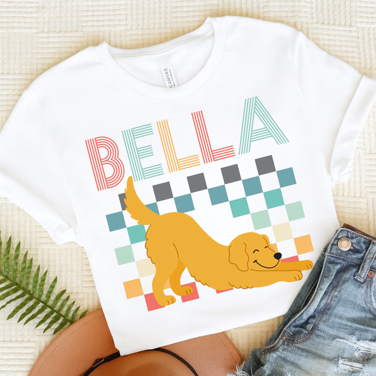 Golden Retriever Checkered TShirt White