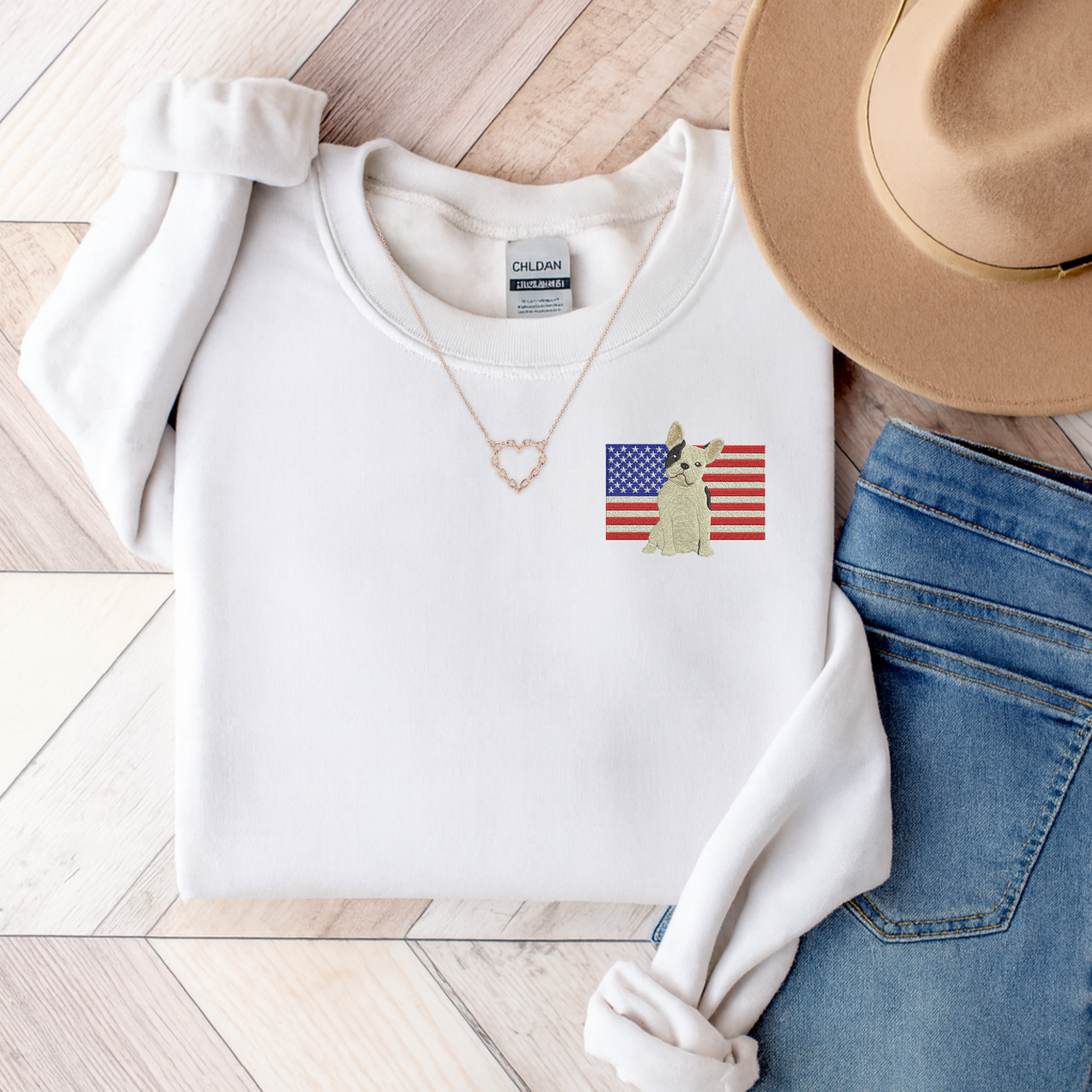 Embroidered Flag Piebald Frenchie Sweatshirt
