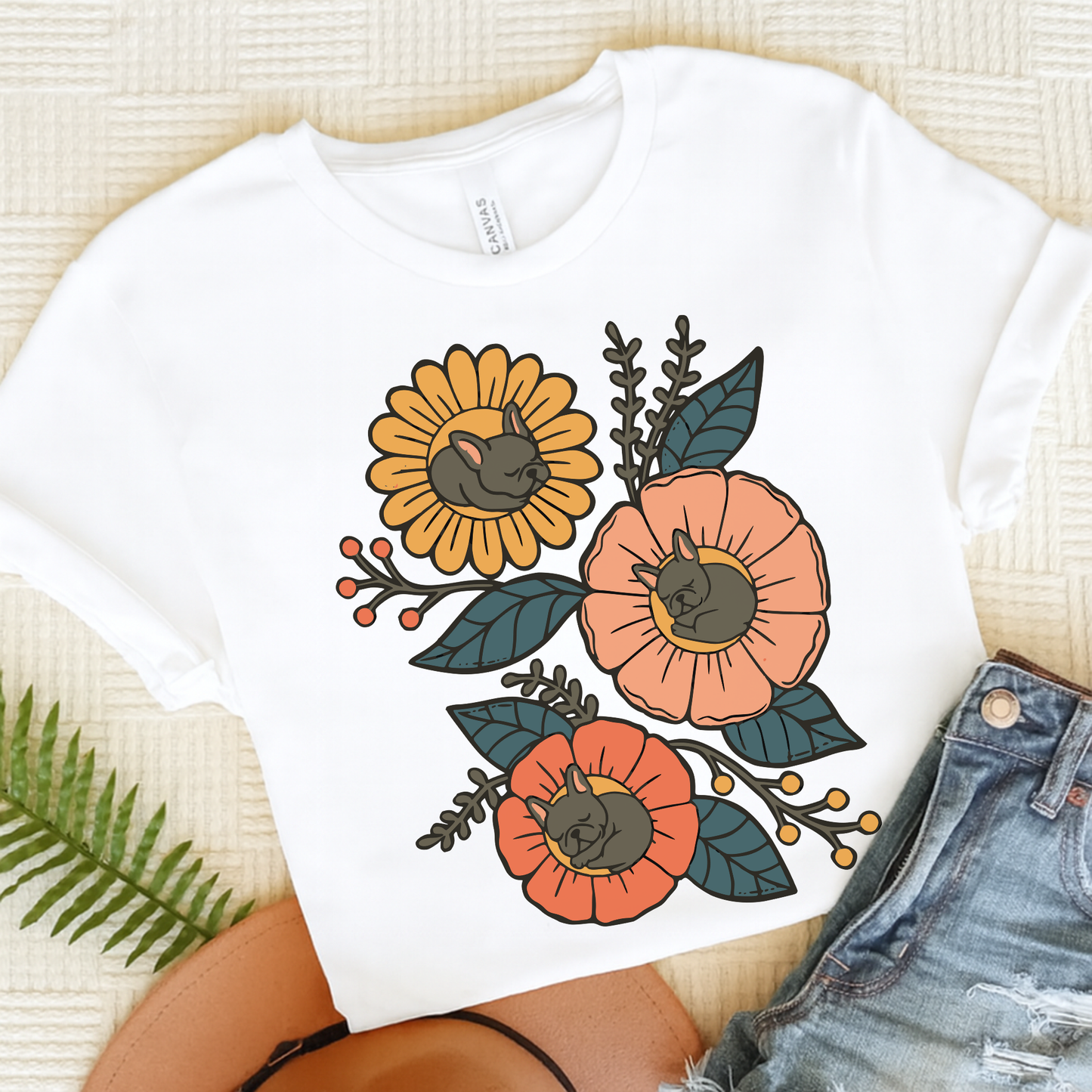 Black Frenchie Sleeping Flowers TShirt White