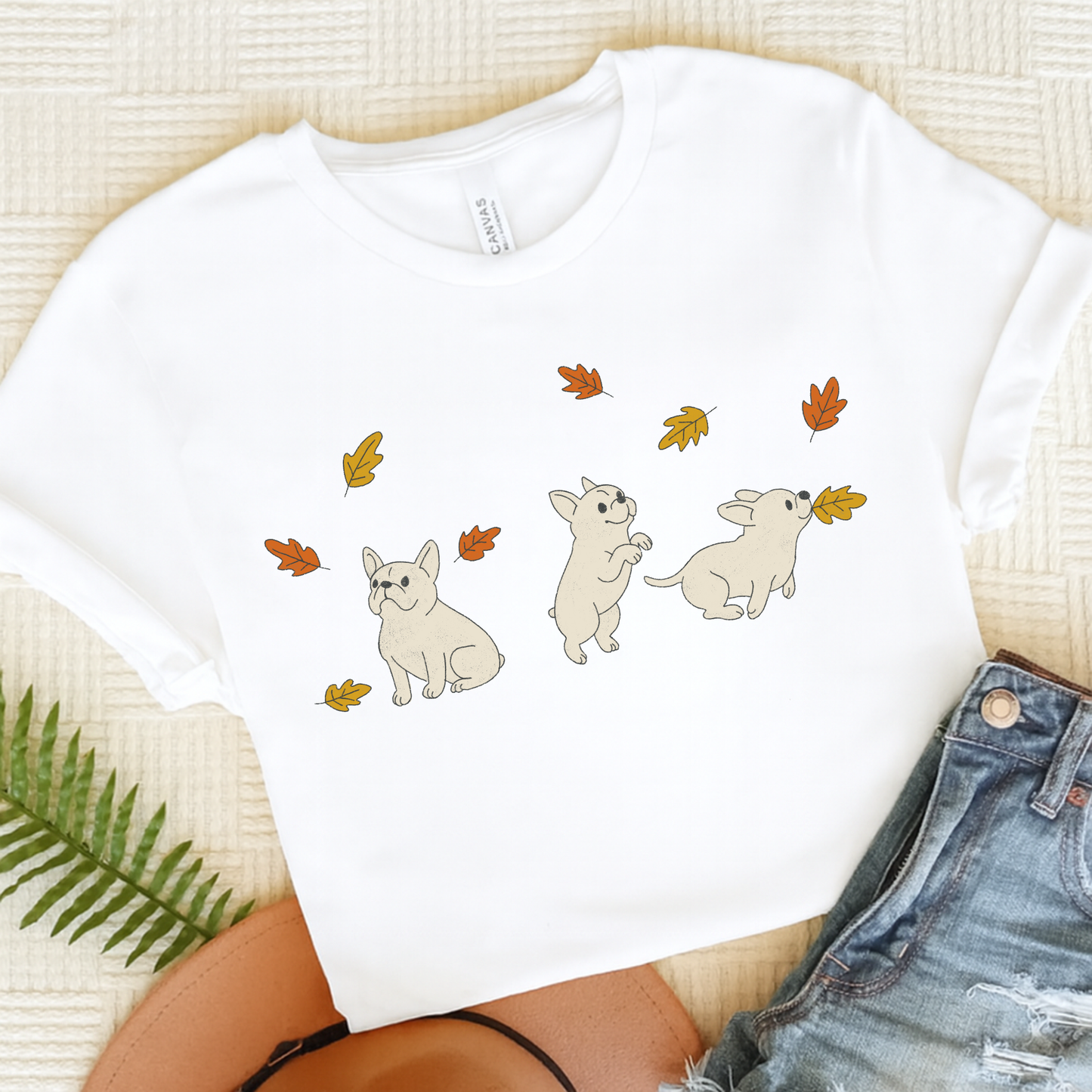 White Frenchie Chasing Leaves TShirt White