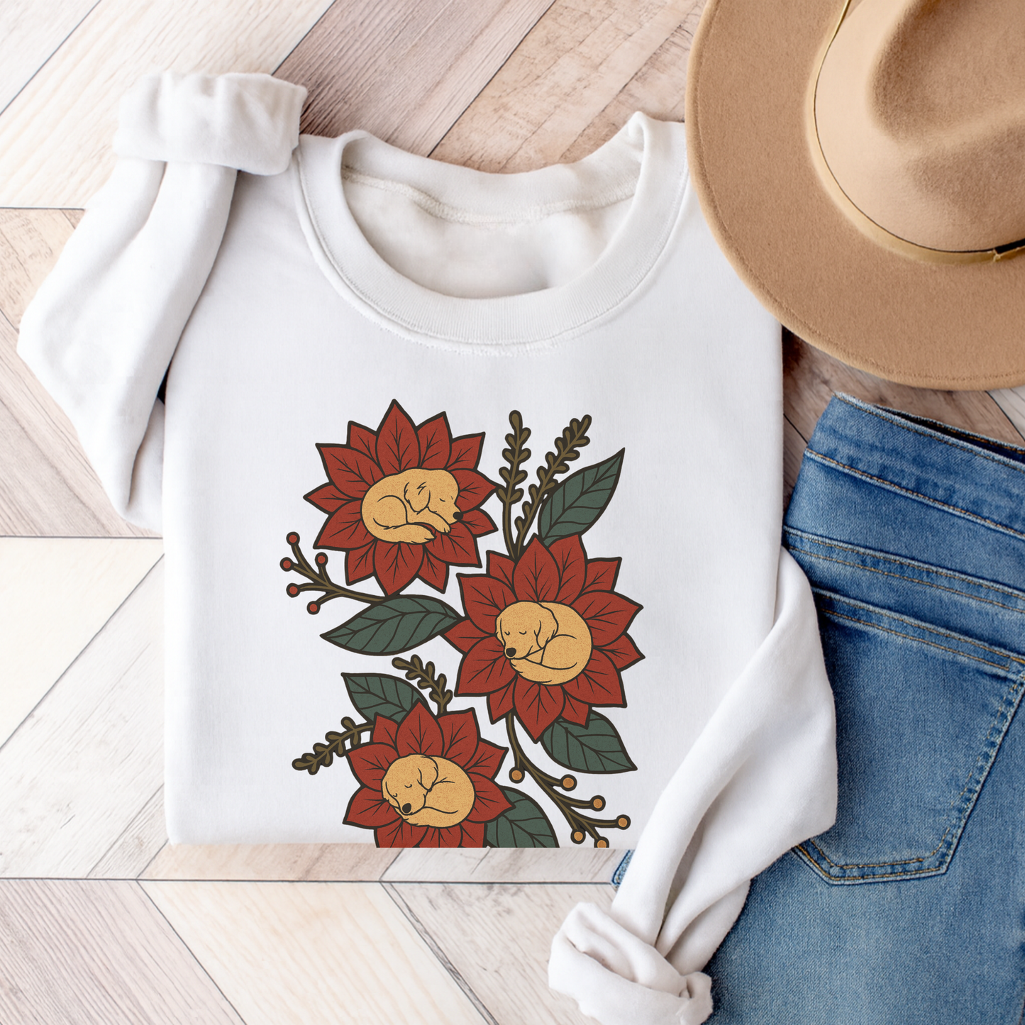 Golden Retriever Christmas Flower Sweatshirt White