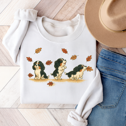 Tricolor Cavalier Chasing Leaves Sweatshirt White