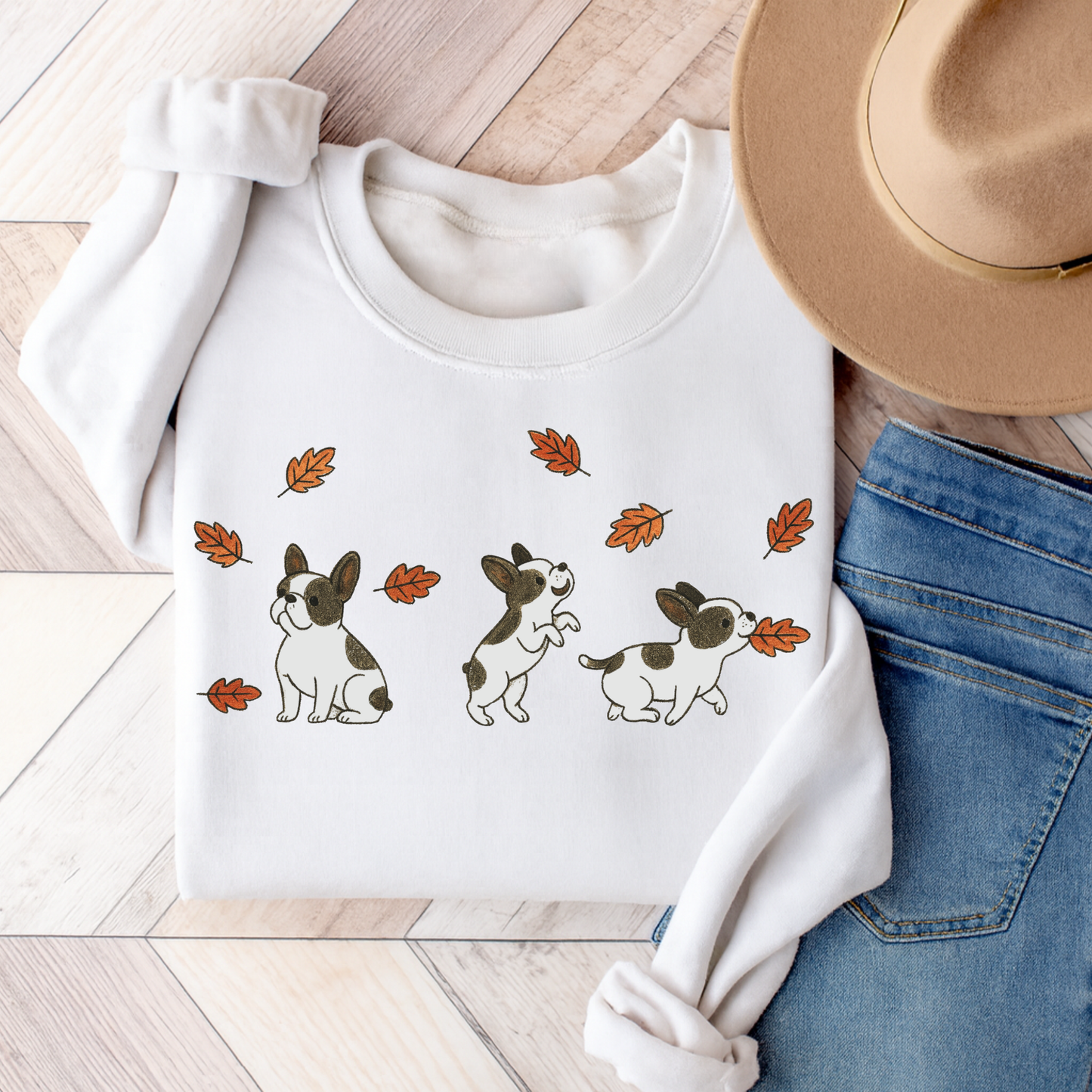 Piebald Frenchie Chasing Leaves Sweatshirt 3XL White