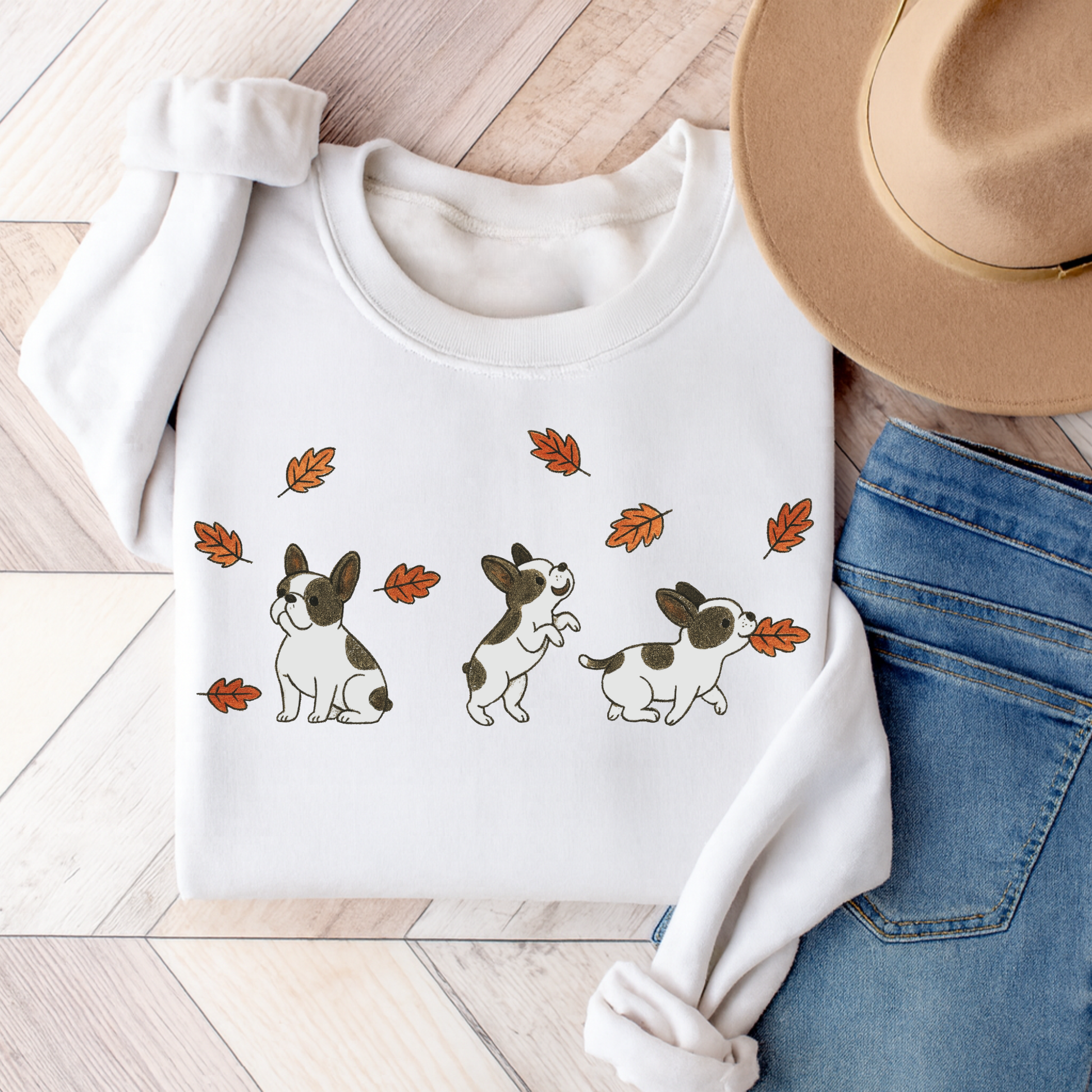 Piebald Frenchie Chasing Leaves Sweatshirt 3XL White