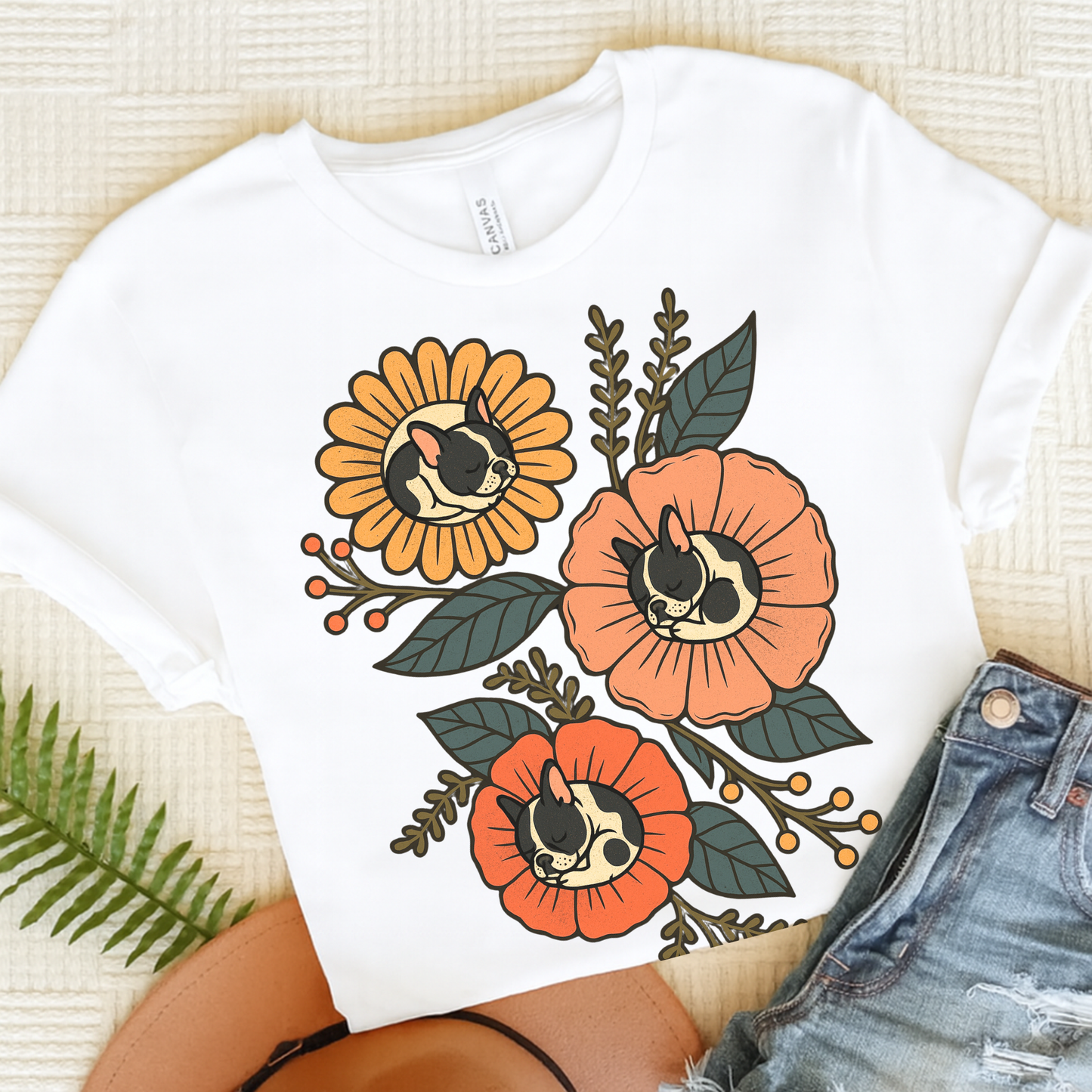 Piebald Frenchie Sleeping Flowers TShirt White