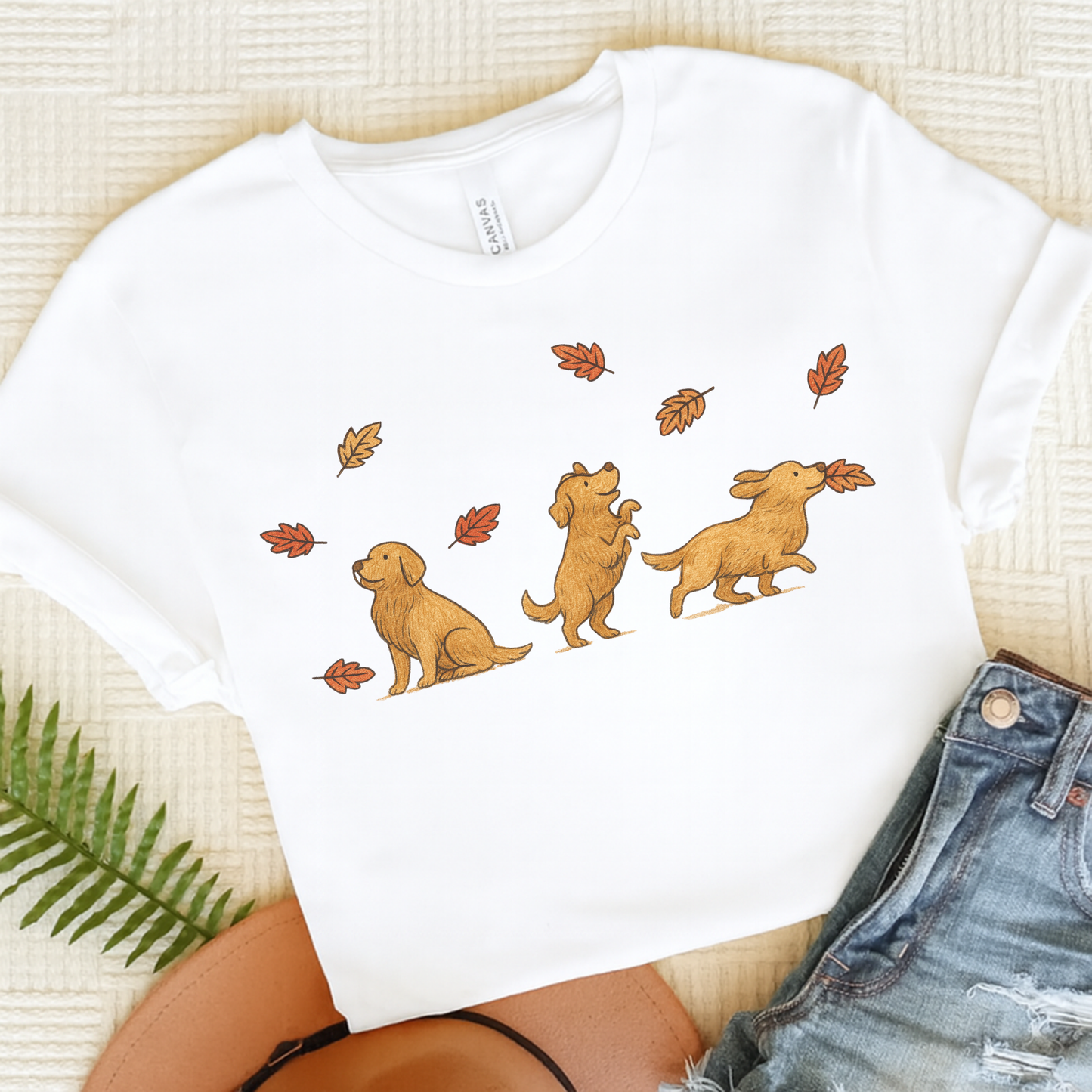 Golden Retriever Chasing Leaves TShirt White