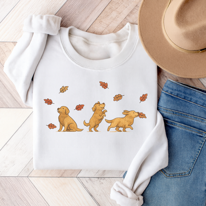 Golden Retriever Chasing Leaves Sweatshirt White