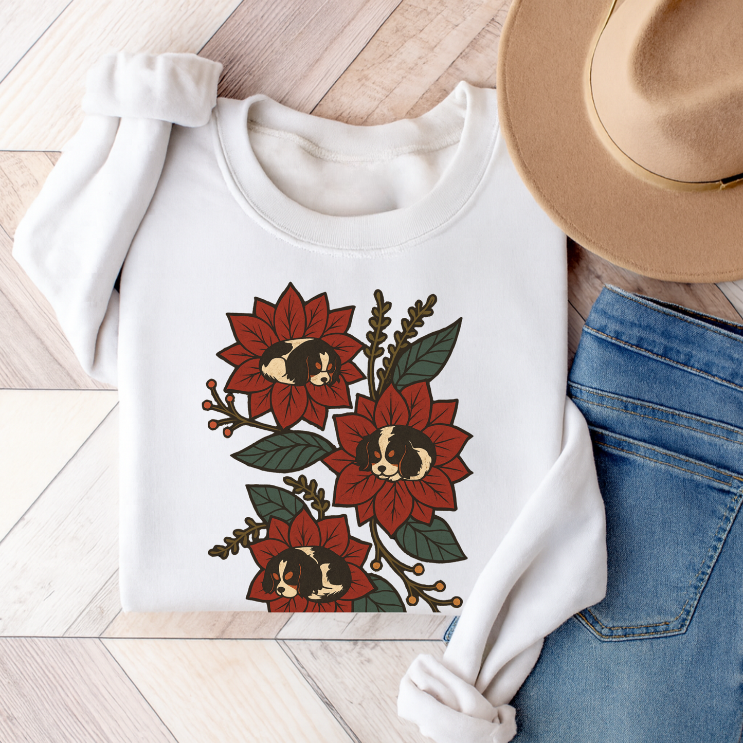 Tricolor Cavalier Christmas Flower Sweatshirt White