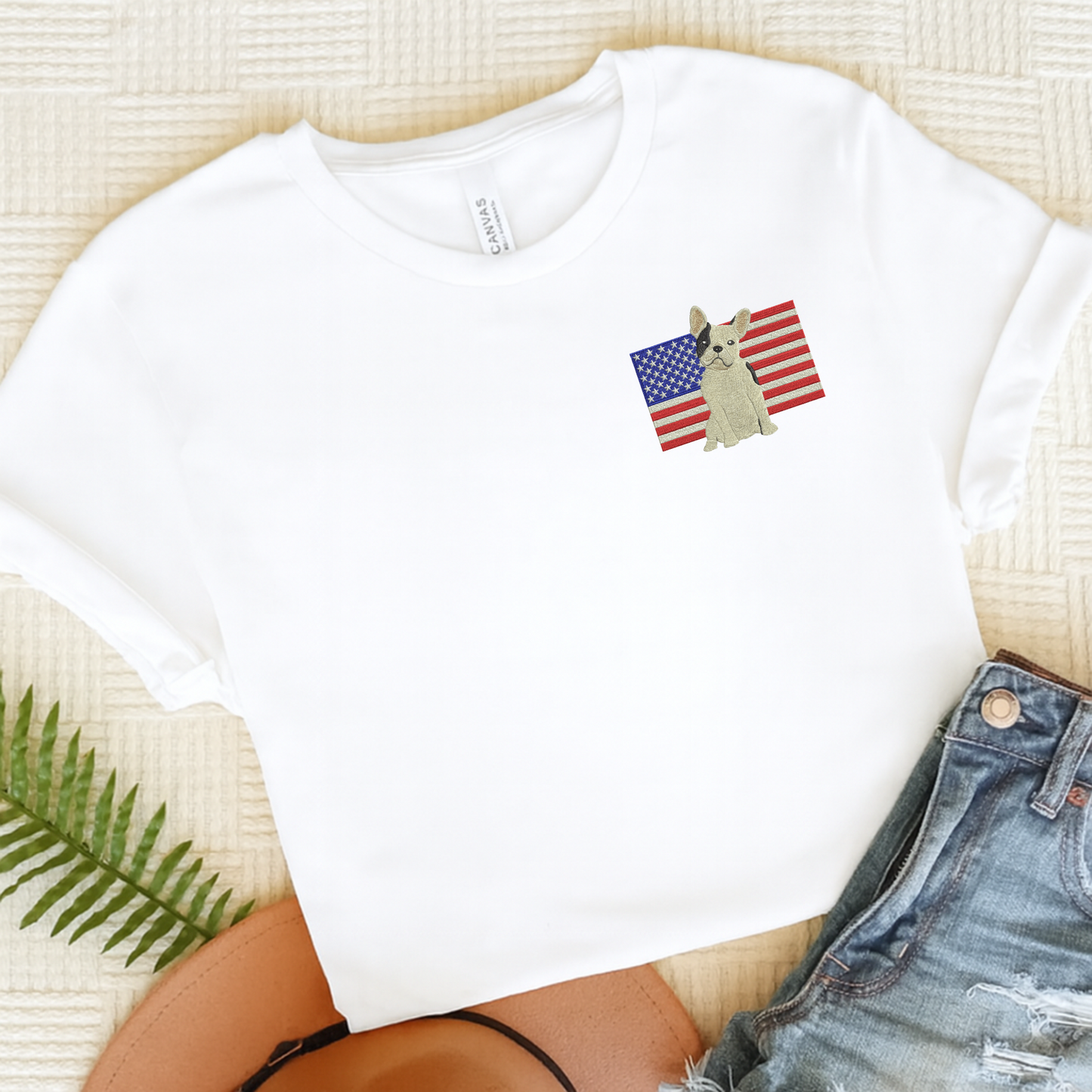 Embroidered Flag Piebald Frenchie TShirt