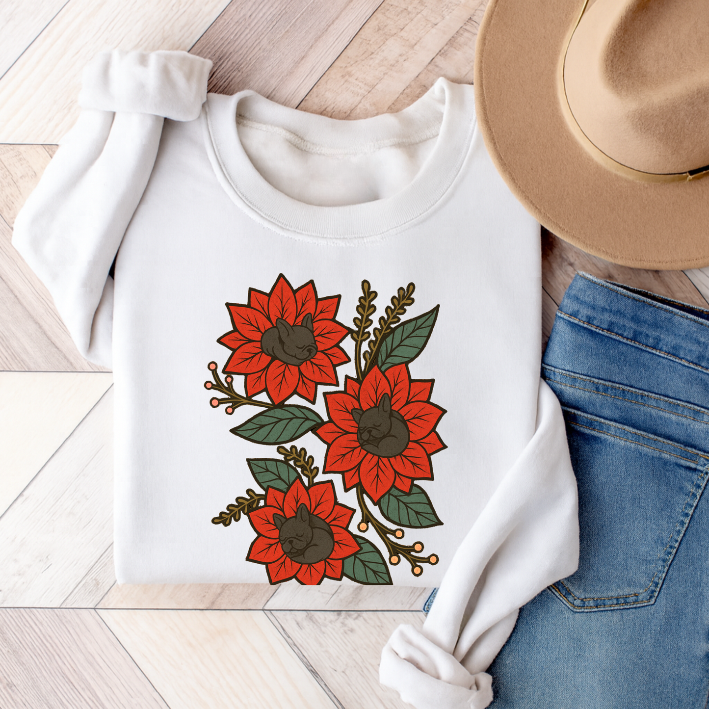 Black Frenchie Christmas Flower Sweatshirt White