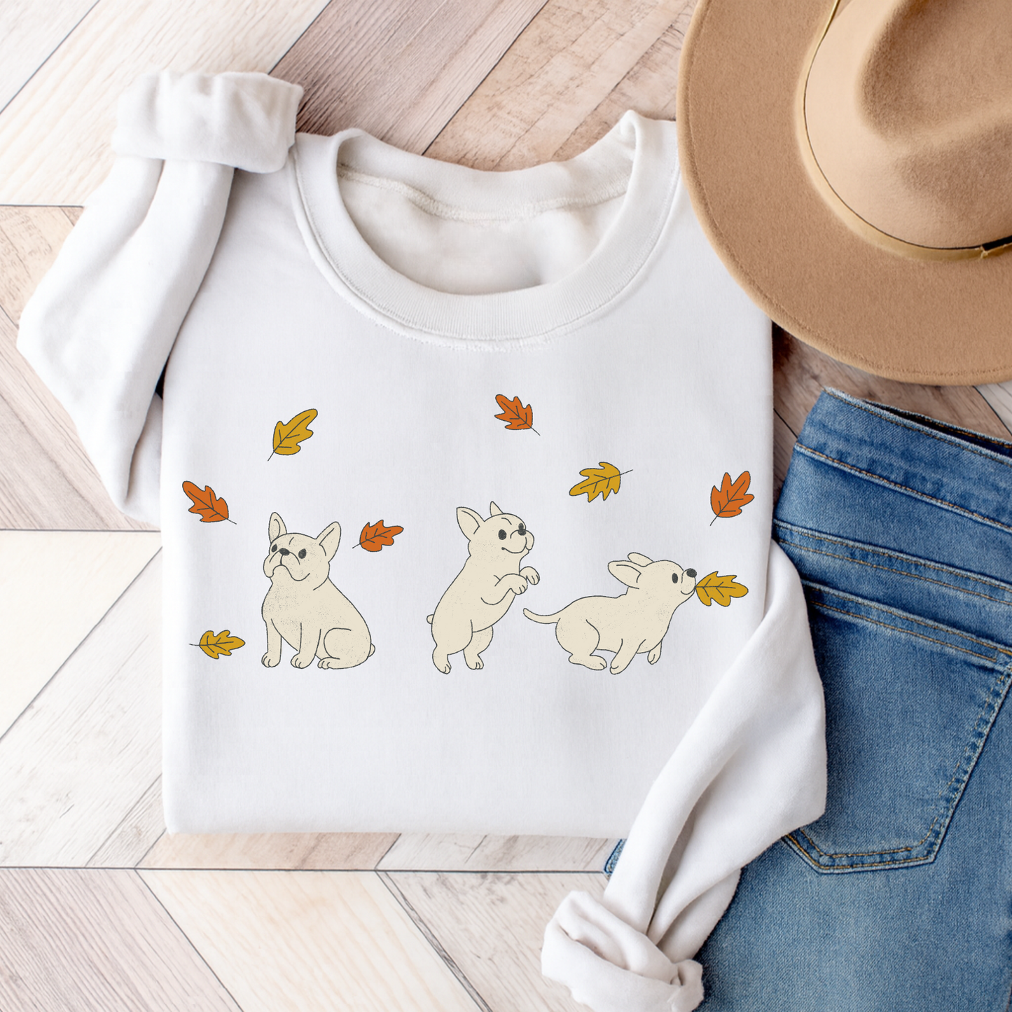 White Frenchie Chasing Leaves Sweatshirt White
