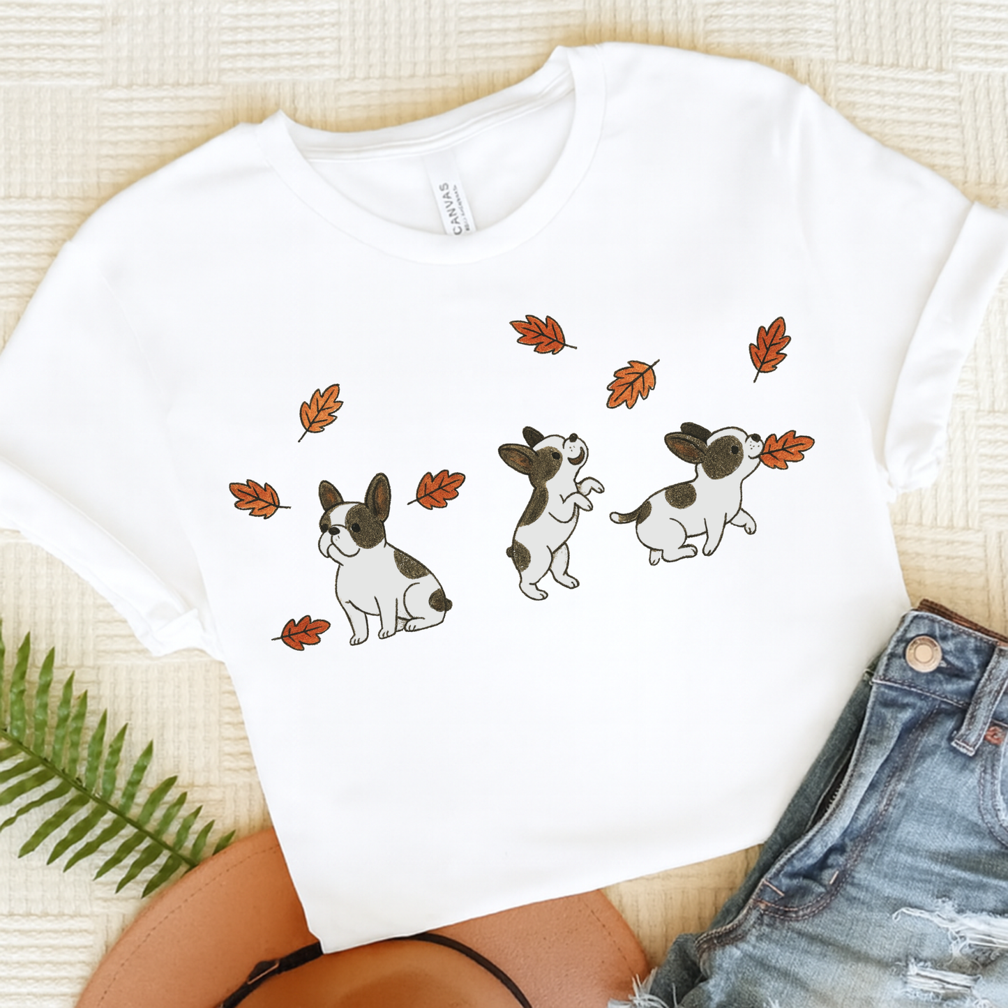Piebald Frenchie Chasing Leaves TShirt White
