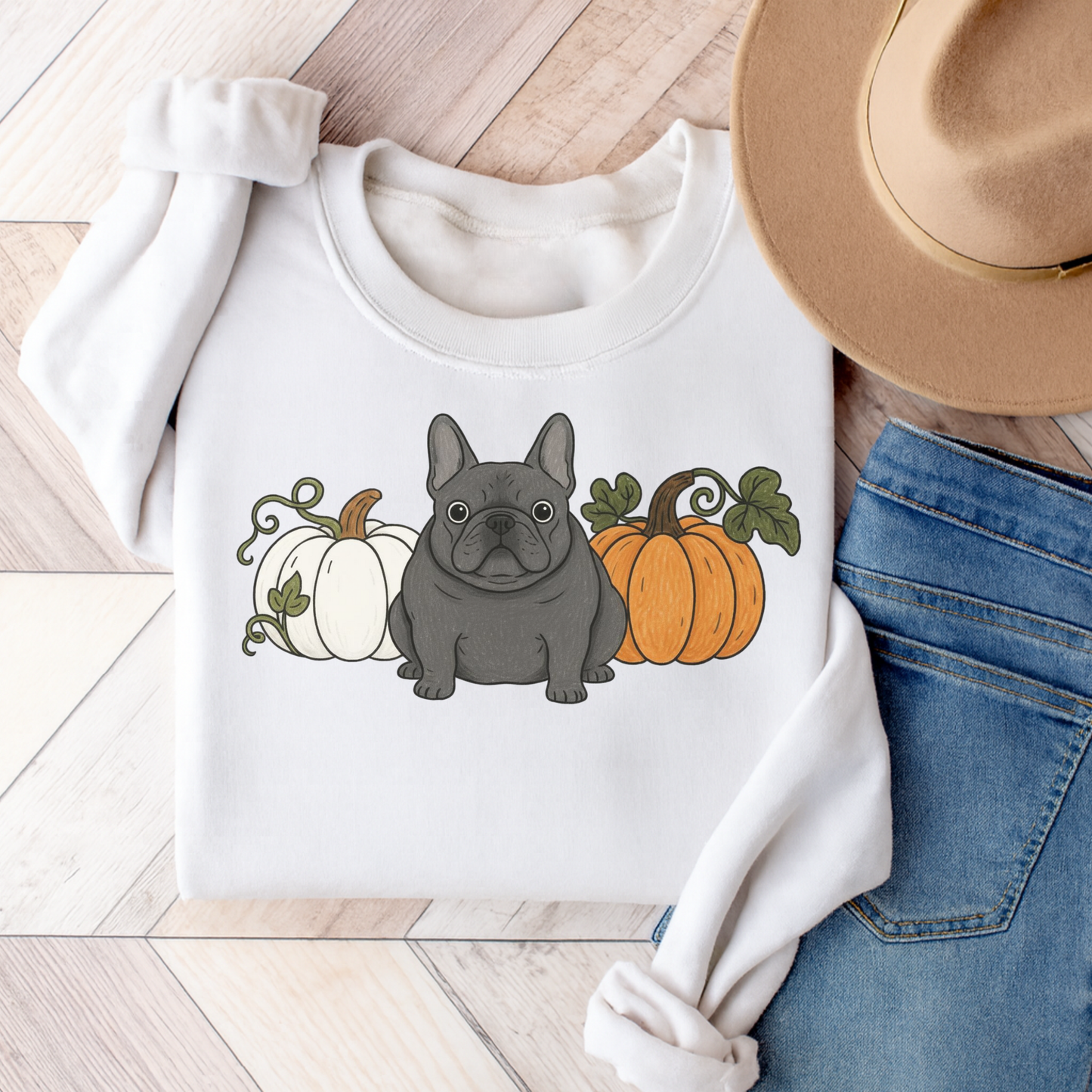 Black Frenchie Pupkin Unisex Sweatshirt White