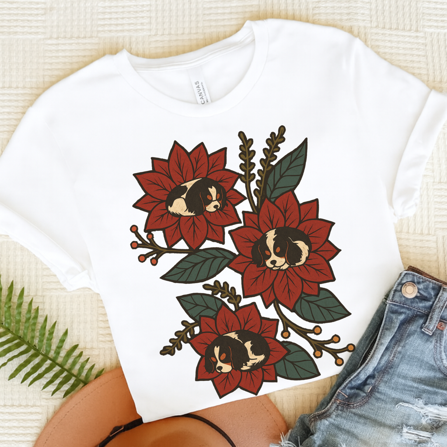 Tricolor Cavalier Holiday Flowers Sleeping TShirt White