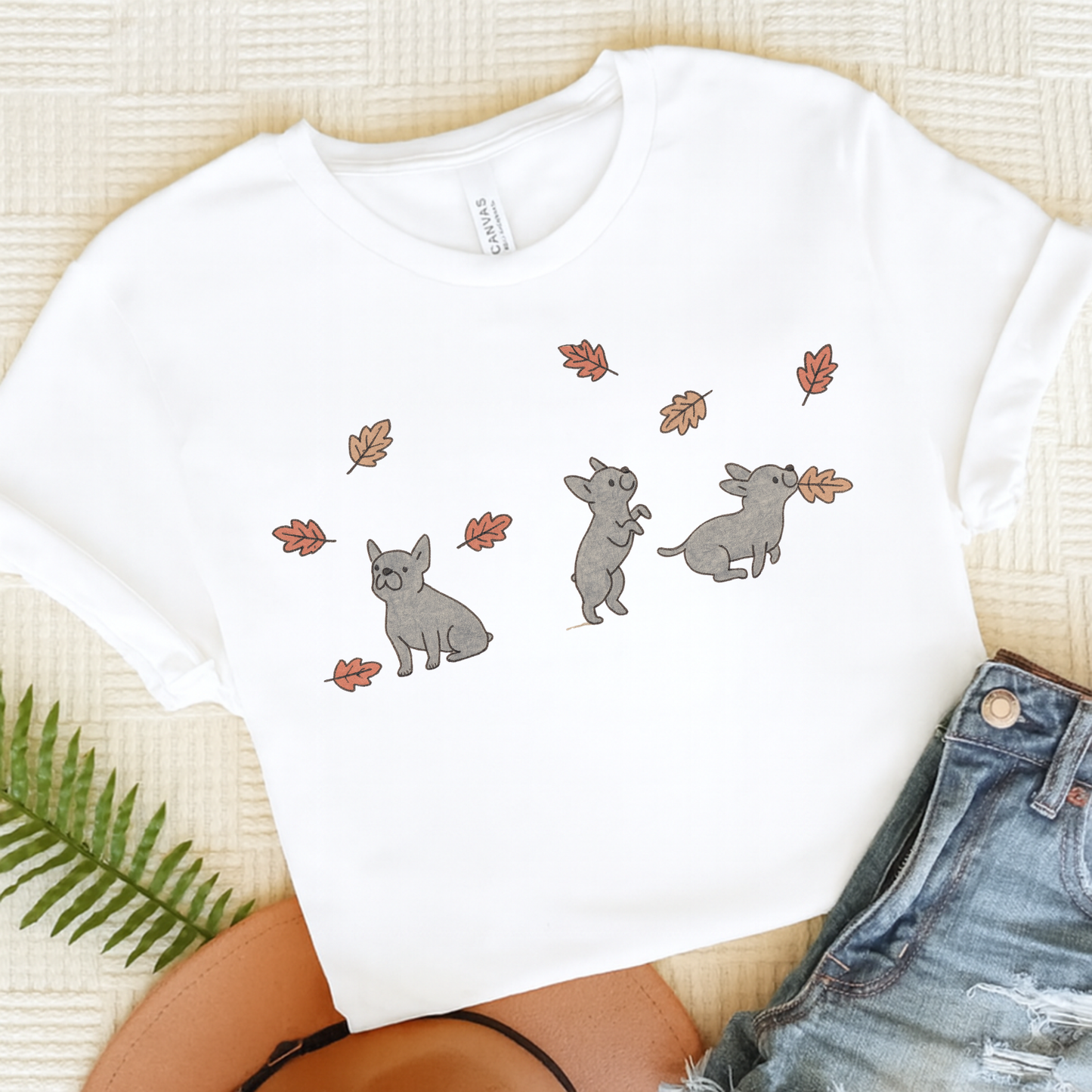 Black Frenchie Chasing Leaves TShirt White