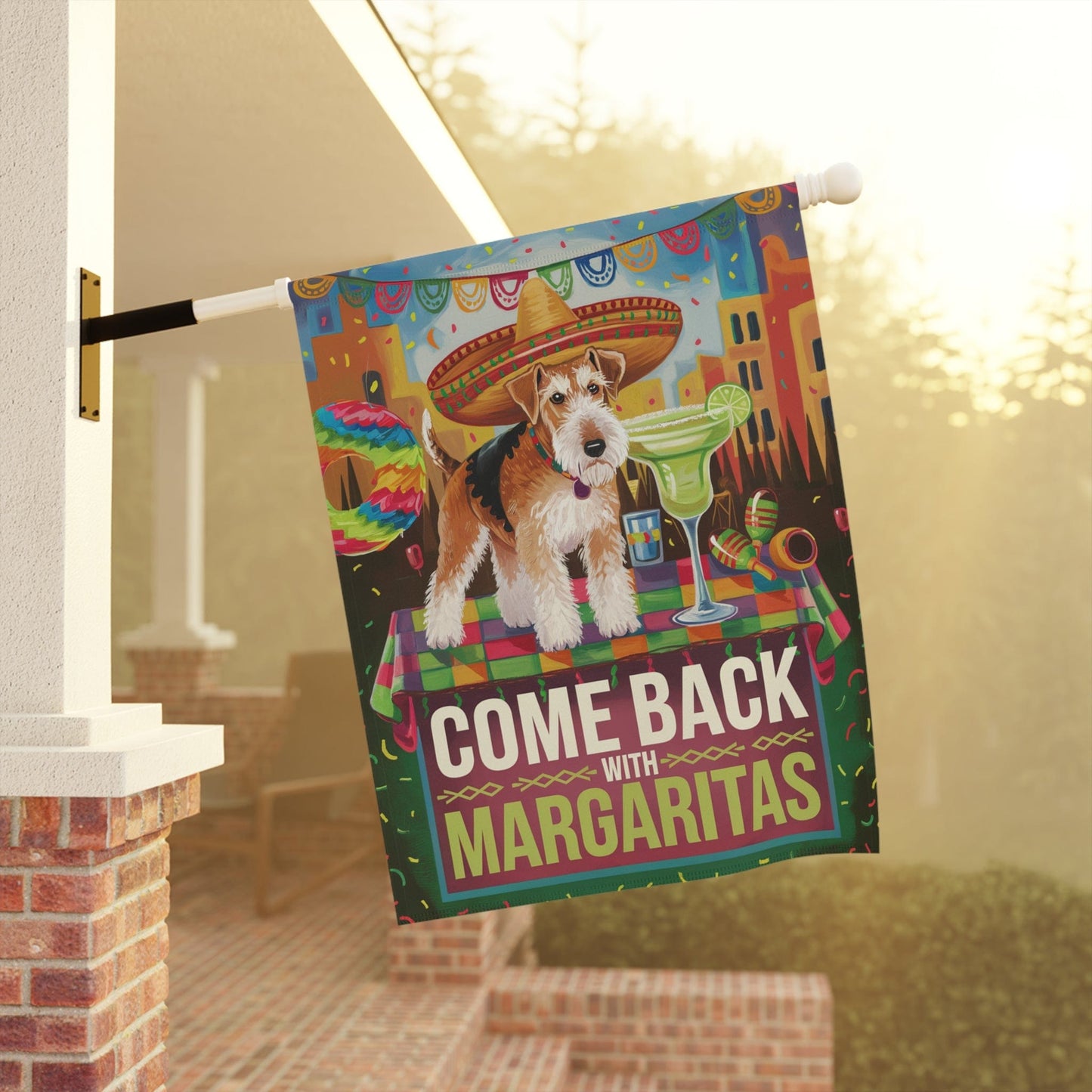 Printify Home Decor Airedale Dog Garden Flag, Cinco de Mayo Celebration Fiesta Margarita Mayhem Front Yard Spring Decor Gardener Gift, Dog Mom Dad, Fiesta Flag
